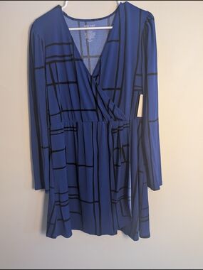 Nine West Blue Wrap Long-Sleeve Dress